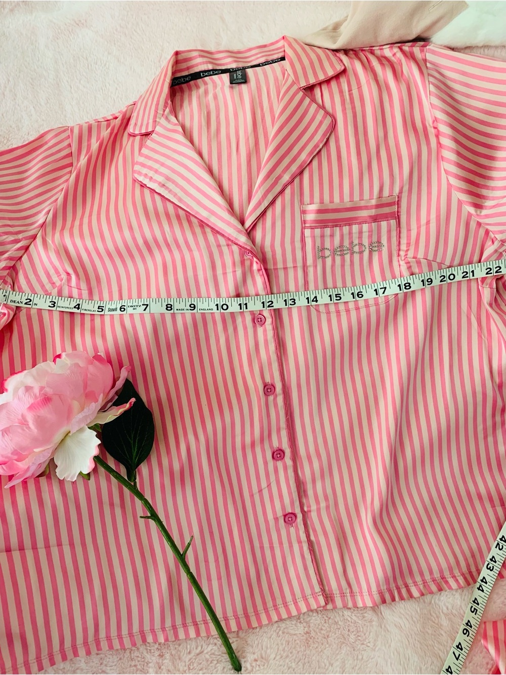 Bebe Silky Satin Pajama Set Candy Stripe Pink Button Down Size XL NWOT - Picture 7 of 14
